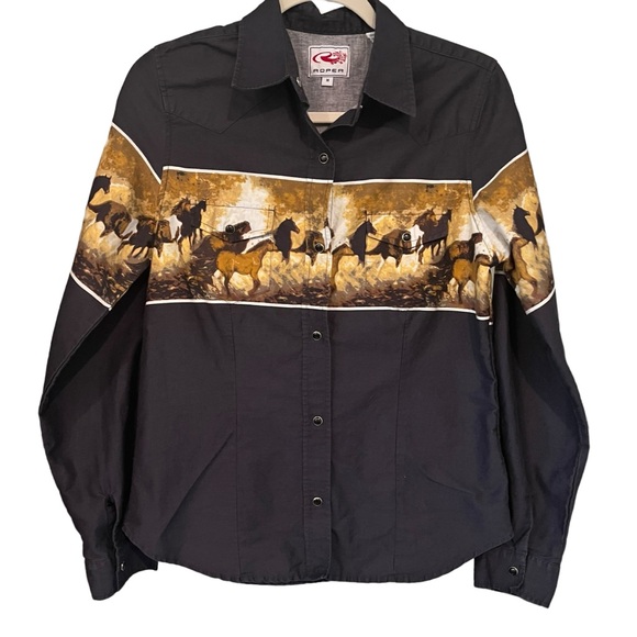 Vintage Roper Horse Print Western Cotton Long Sleeve Snap Button Shirt, Sz M - Picture 3 of 12